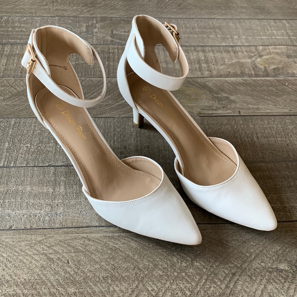 White ankle strap heels